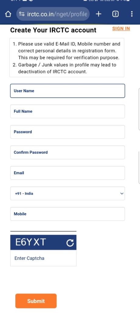 create irctc account
